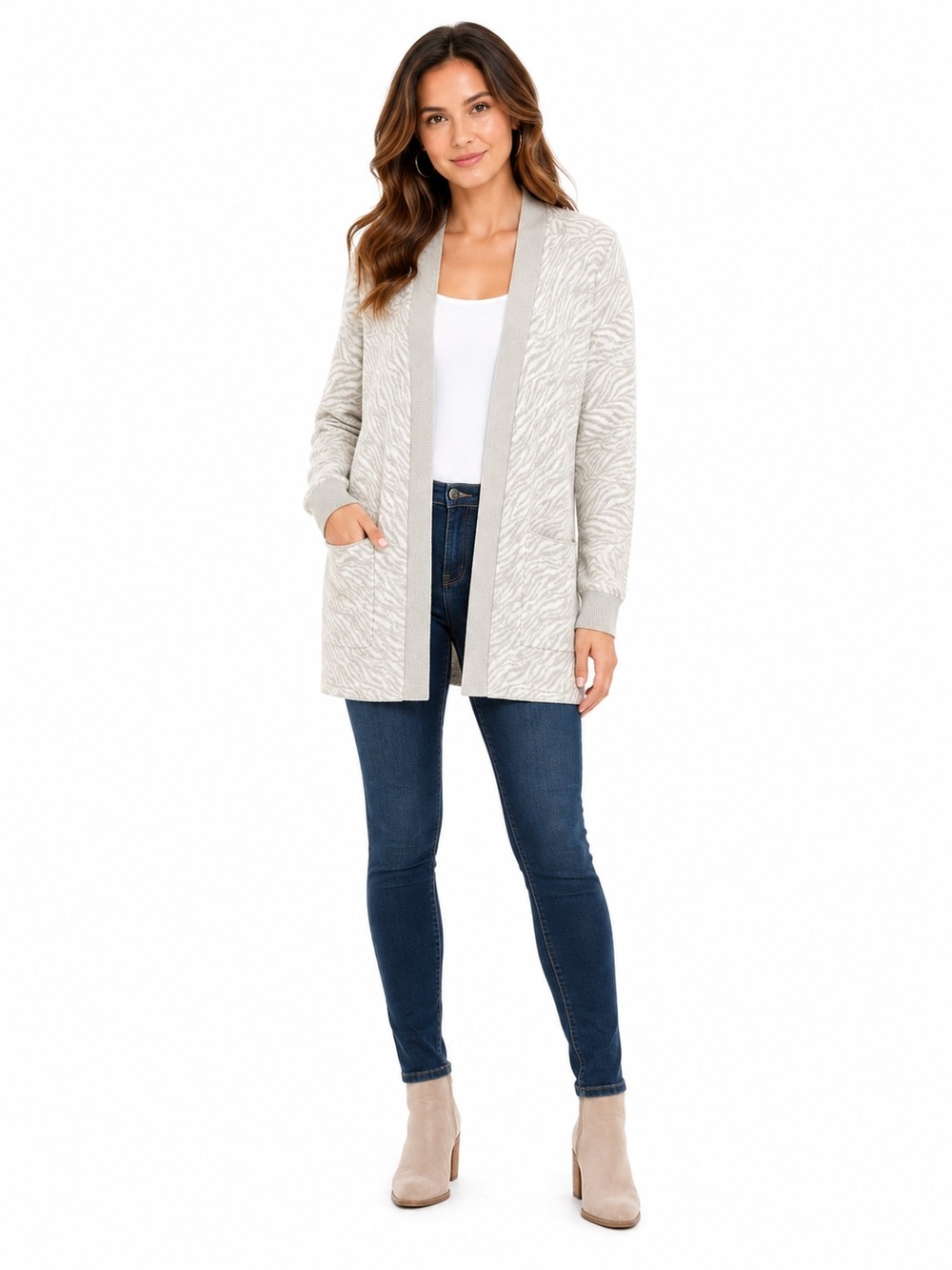 Belle by Kim Gravel Light Gray Open-Front Zebra-Print Cardigan